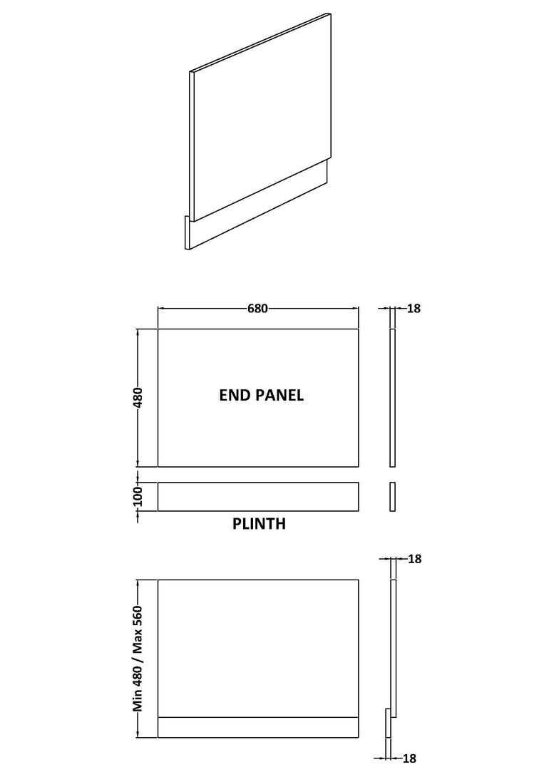 Halite 700mm Gloss White Waterproof End Bath Panel - Technical dimensions