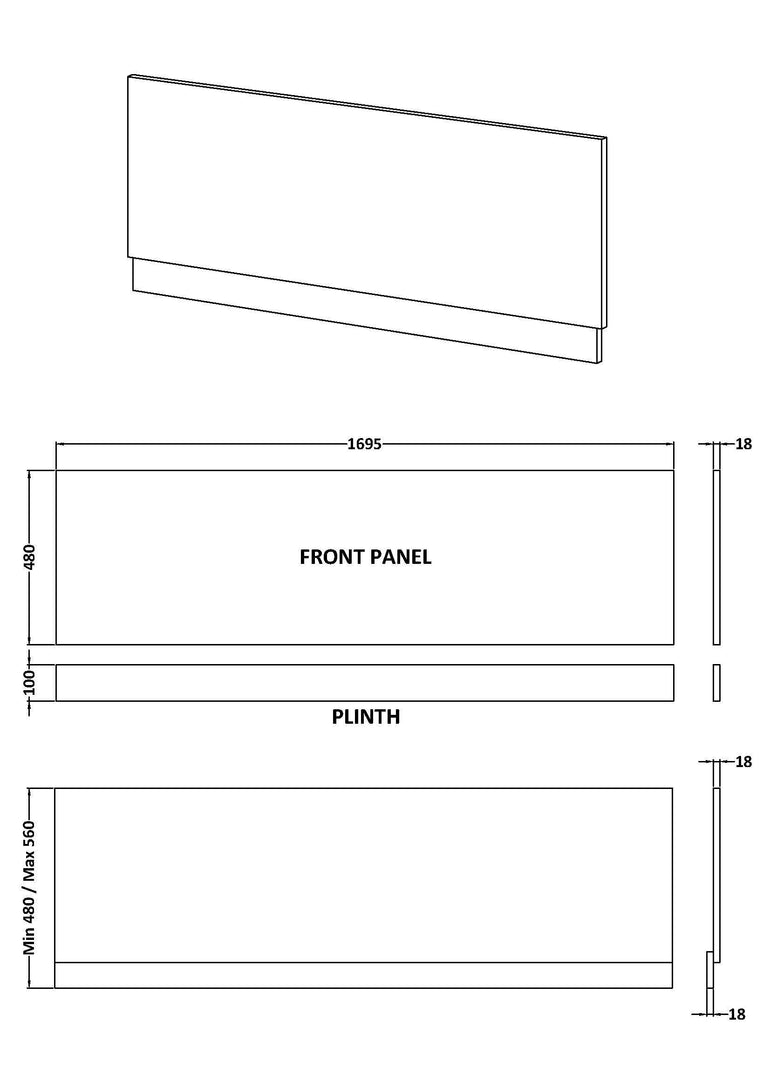 Halite 1700mm Gloss White Waterproof Front Bath Panel - Technical dimensions