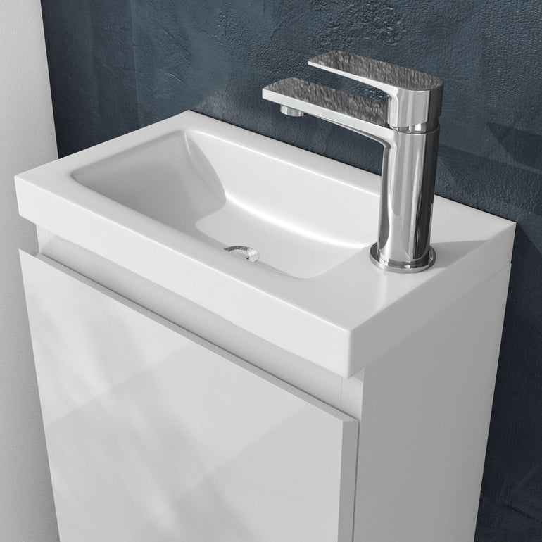Halite 400mm Gloss White 1 Door Floor Standing Vanity Unit With 1 Tap Hole Basin - Lifestyle image