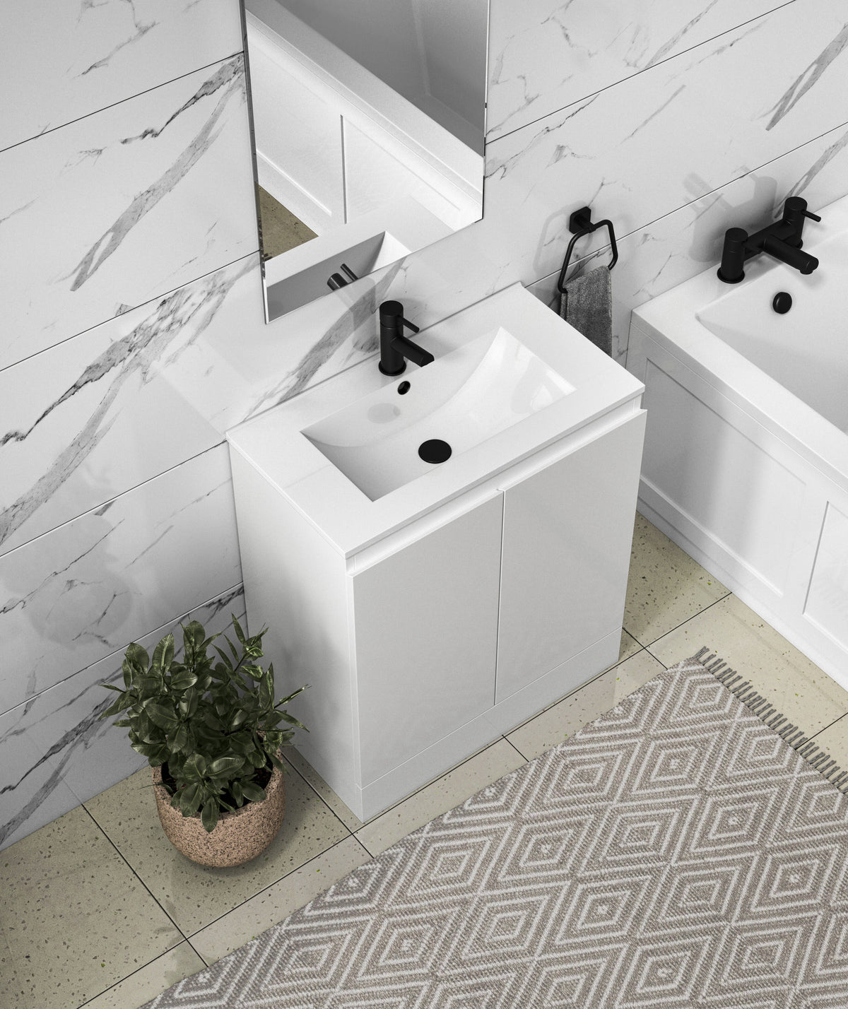 Halite 600mm Gloss White 2 Door Floor Standing Vanity Unit With 1 Tap Hole Basin - Lifestyle image