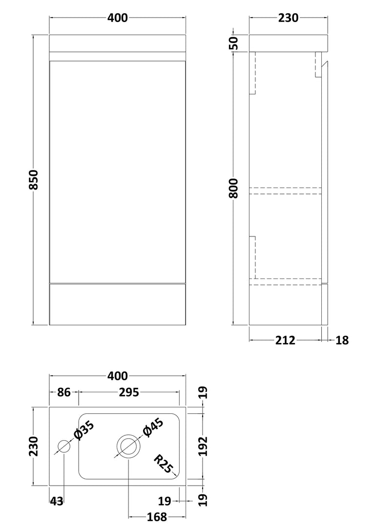 Halite 400mm Matt Grey 1 Door Floor Standing Vanity Unit With 1 Tap Hole Basin - Technical dimensions