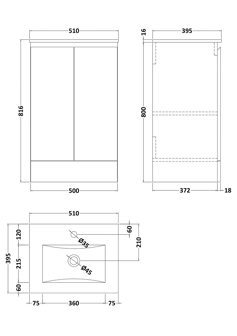 Halite 500mm Matt Grey 2 Door Floor Standing Vanity Unit With 1 Tap Hole Basin - Technical dimensions