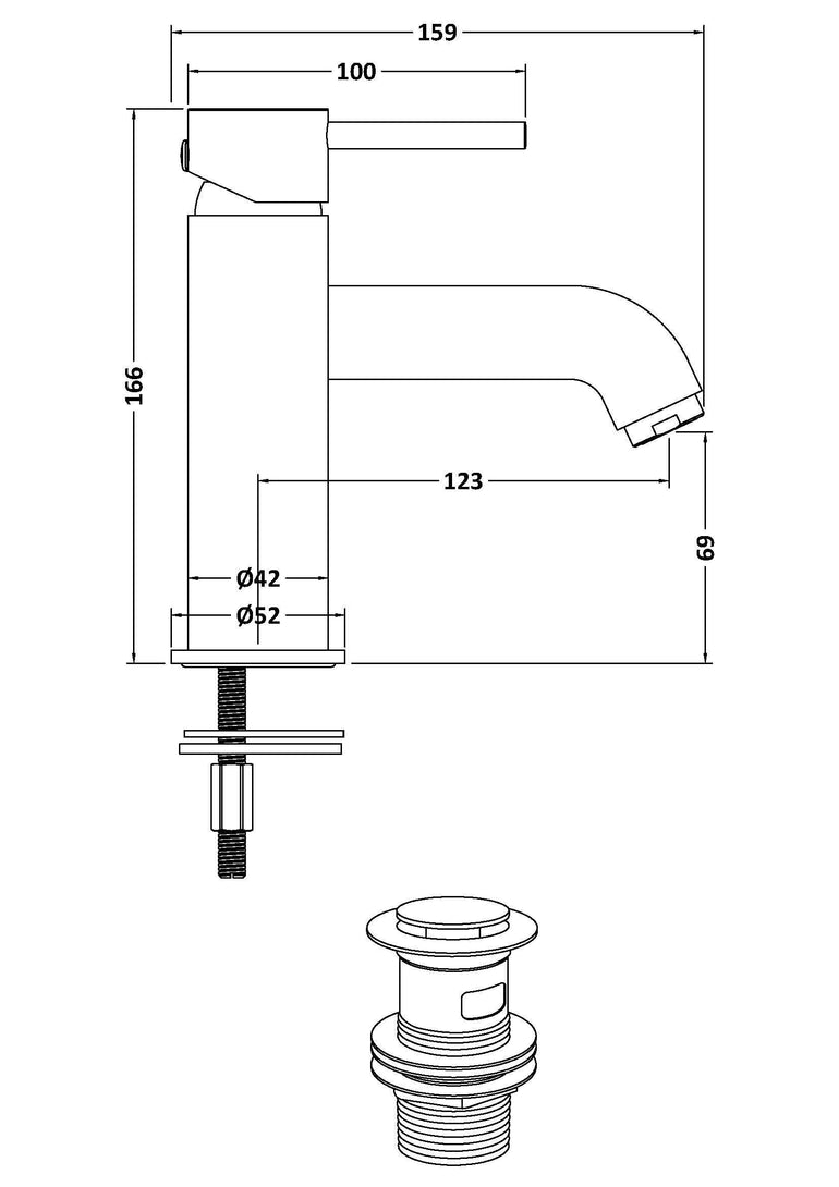 nuie choice Cartegena Matt Black Mono Basin Mixer With Push Button Waste - Technical dimensions