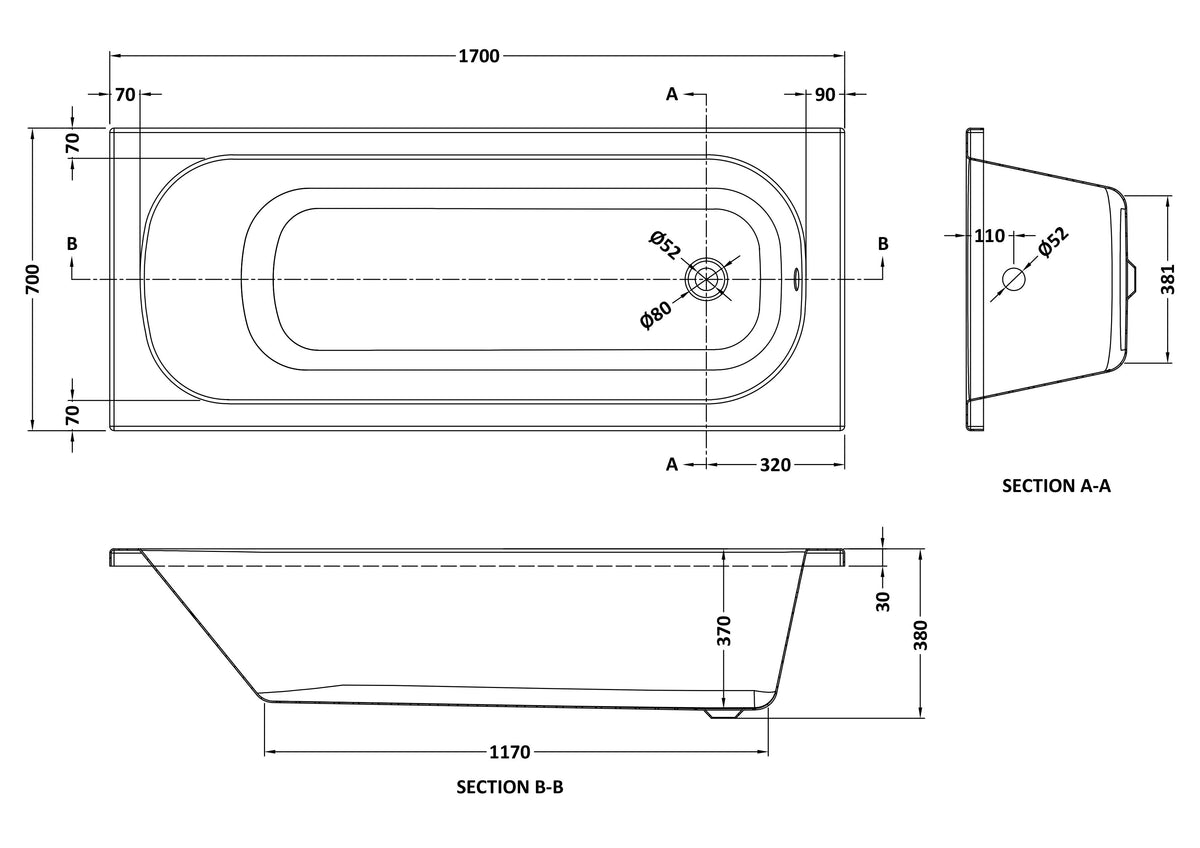 Arley Pro Contract 1700mm Steel Single Ended Bath - Technical dimensions