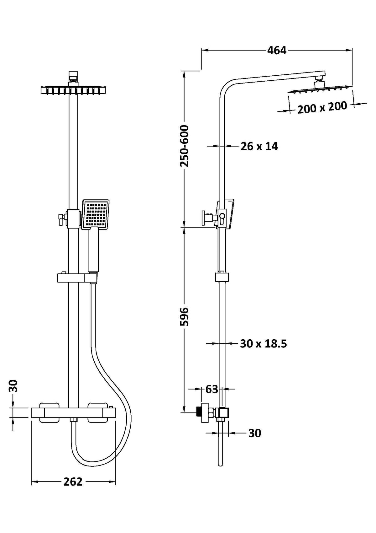 nuie choice Chrome Square Dual Shower Valve Rigid Riser Kit - Technical dimensions
