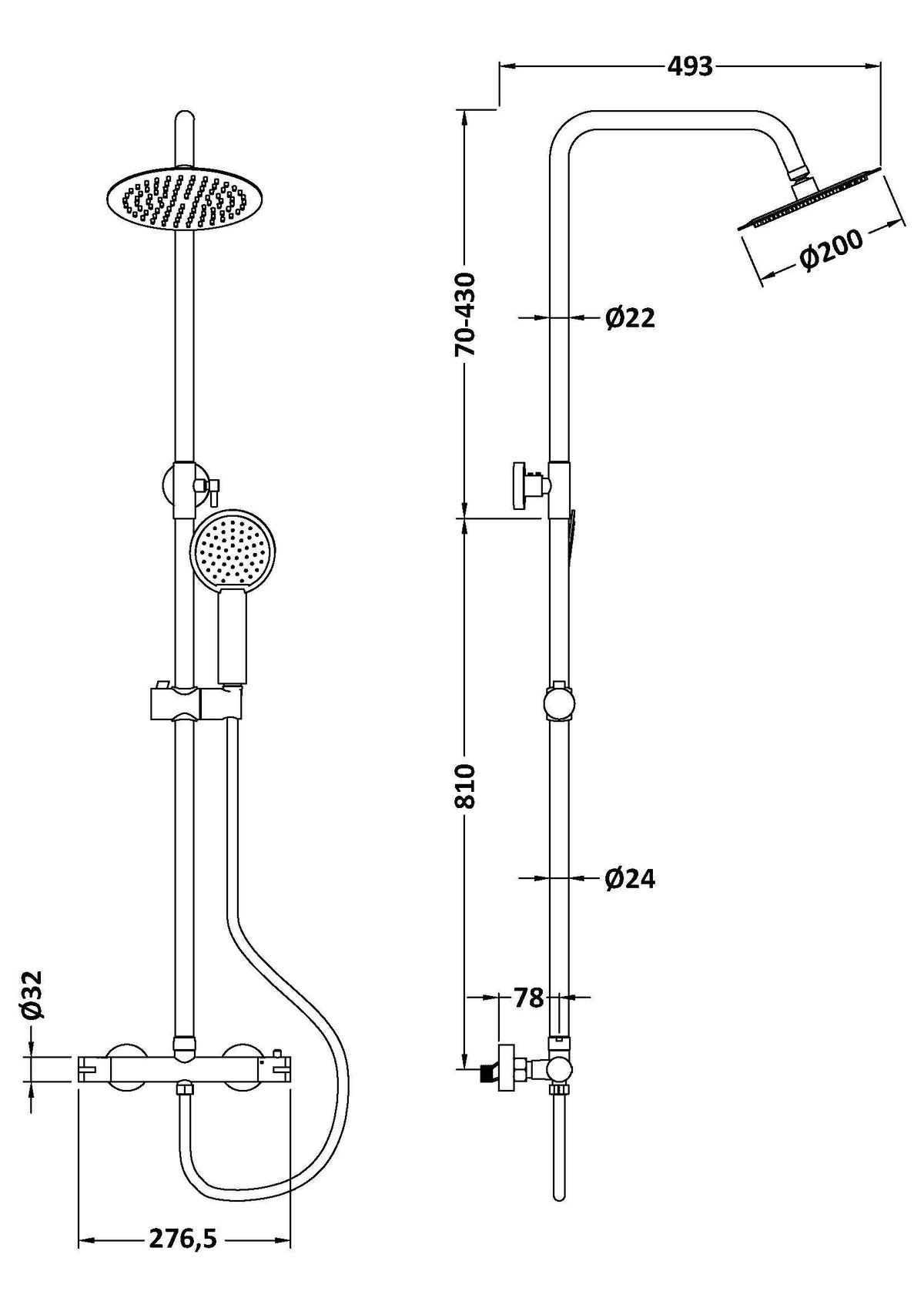 nuie choice Chrome Round Dual Shower Valve Rigid Riser Kit - Technical dimensions