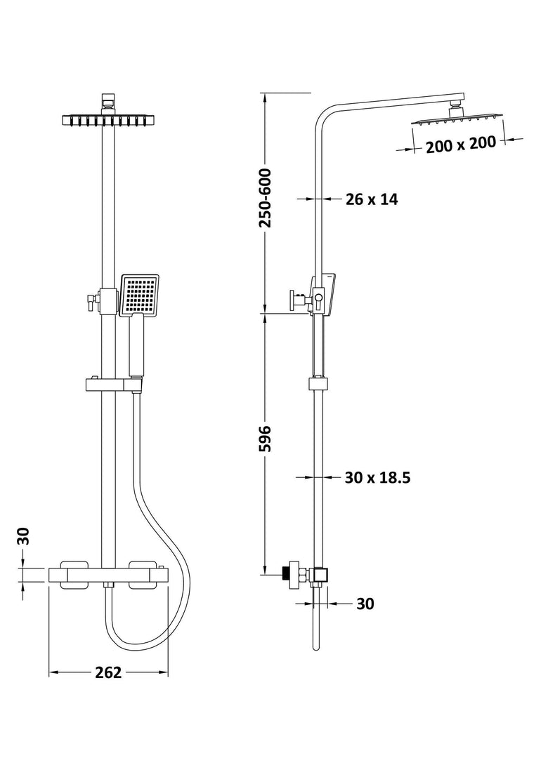 nuie choice Matt Black Square Dual Shower Valve Rigid Riser Kit - Technical dimensions
