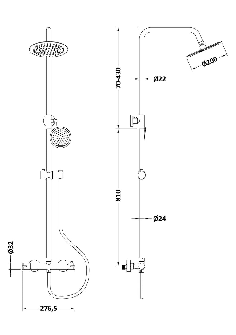 nuie choice Matt Black Round Dual Shower Valve Rigid Riser Kit - Technical dimensions