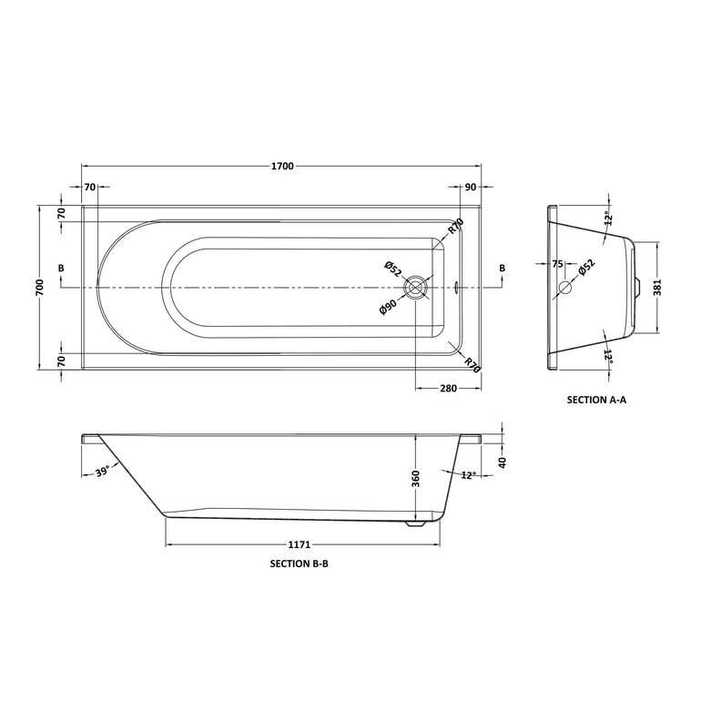 nuie Barmby 1700mm x 700mm Round Single Ended Bath With Legs - Technical dimensions
