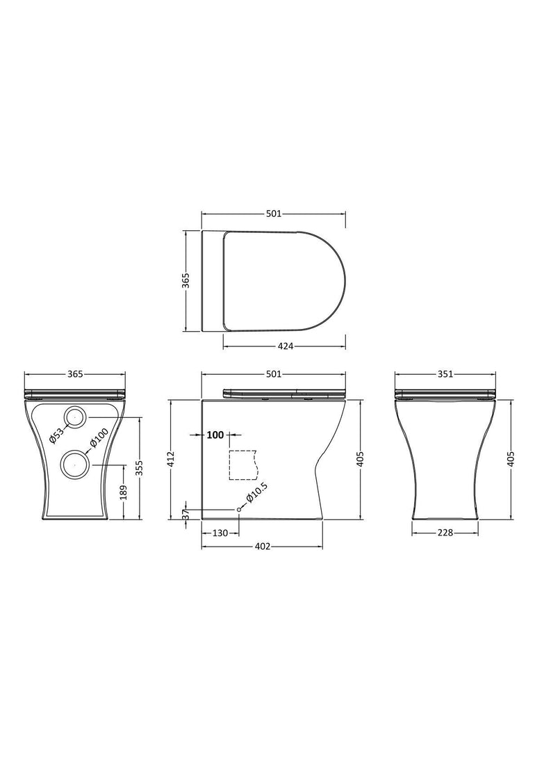 nuie Freya Round Back to Wall Toilet Pan With Seat - Technical dimensions