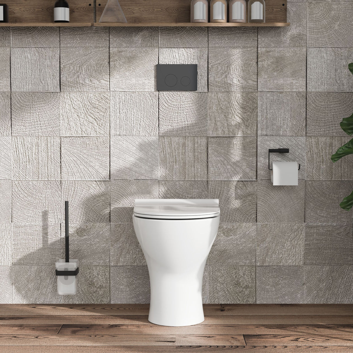 nuie Freya Round Back to Wall Toilet Pan With Seat - Lifestyle image