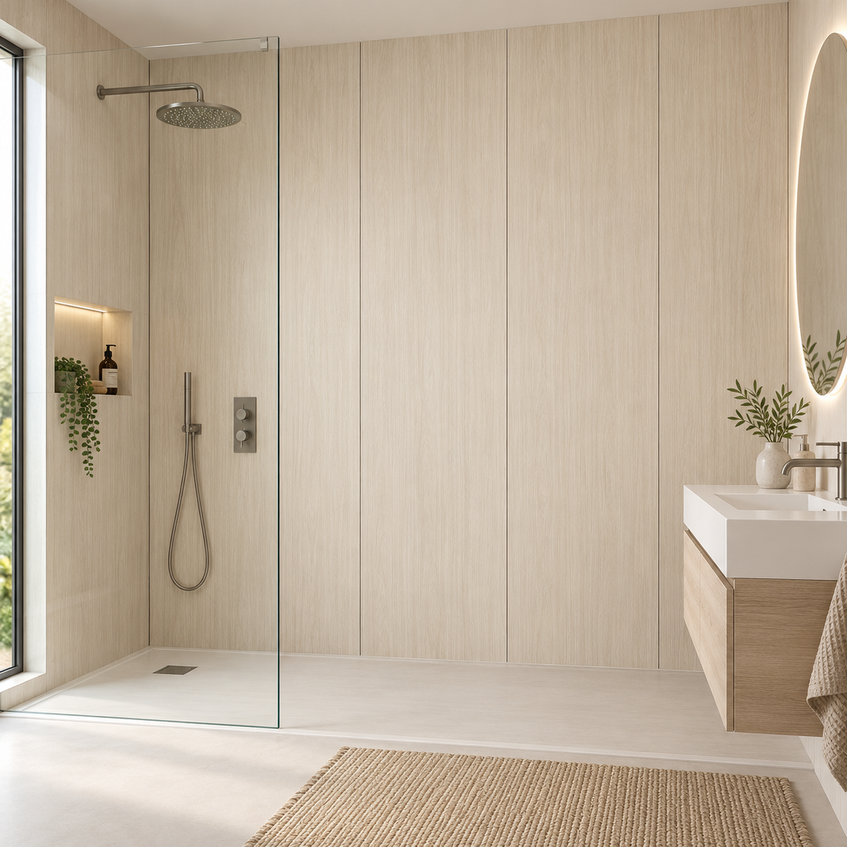 AWS 05A Oak 7mm waterproof PVC bathroom wall panels in a modern shower room, 240 x 60cm panels