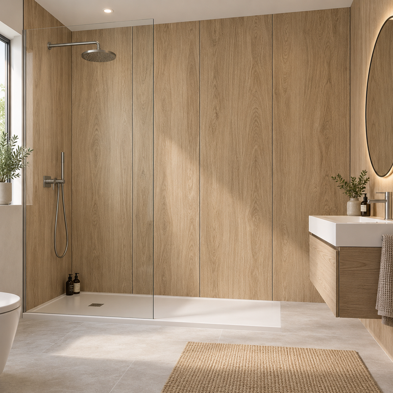AWS 05B Dark Oak 7mm waterproof PVC bathroom wall panels in a modern shower room, 240 x 60cm panels
