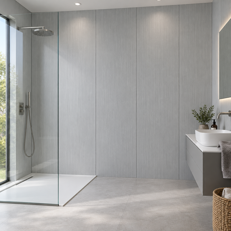 AWS 05C Grey 7mm waterproof PVC bathroom wall panels in a modern shower room, 240 x 60cm panels