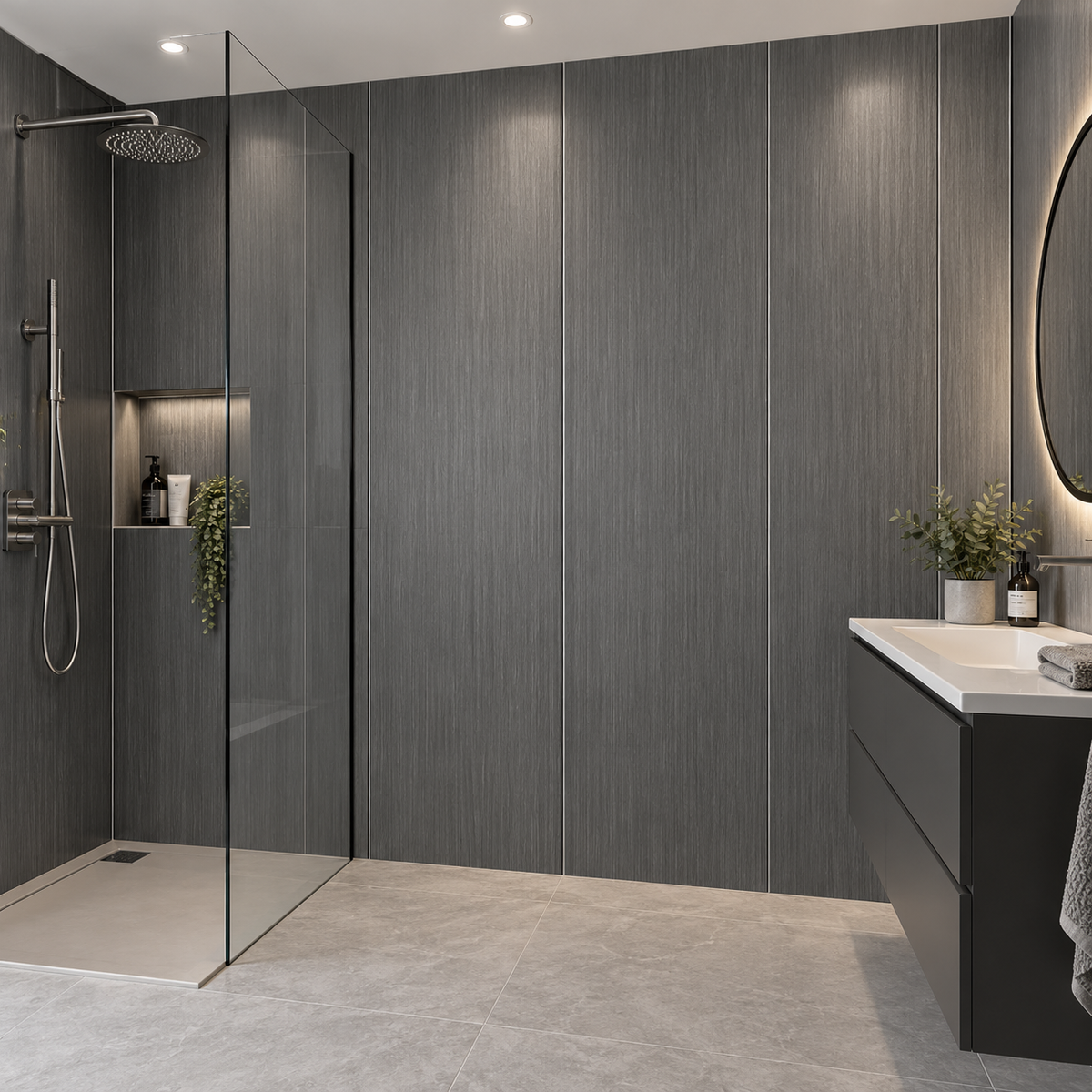 AWS 05D Dark Grey 7mm waterproof PVC bathroom wall panels in a modern shower room, 240 x 60cm panels