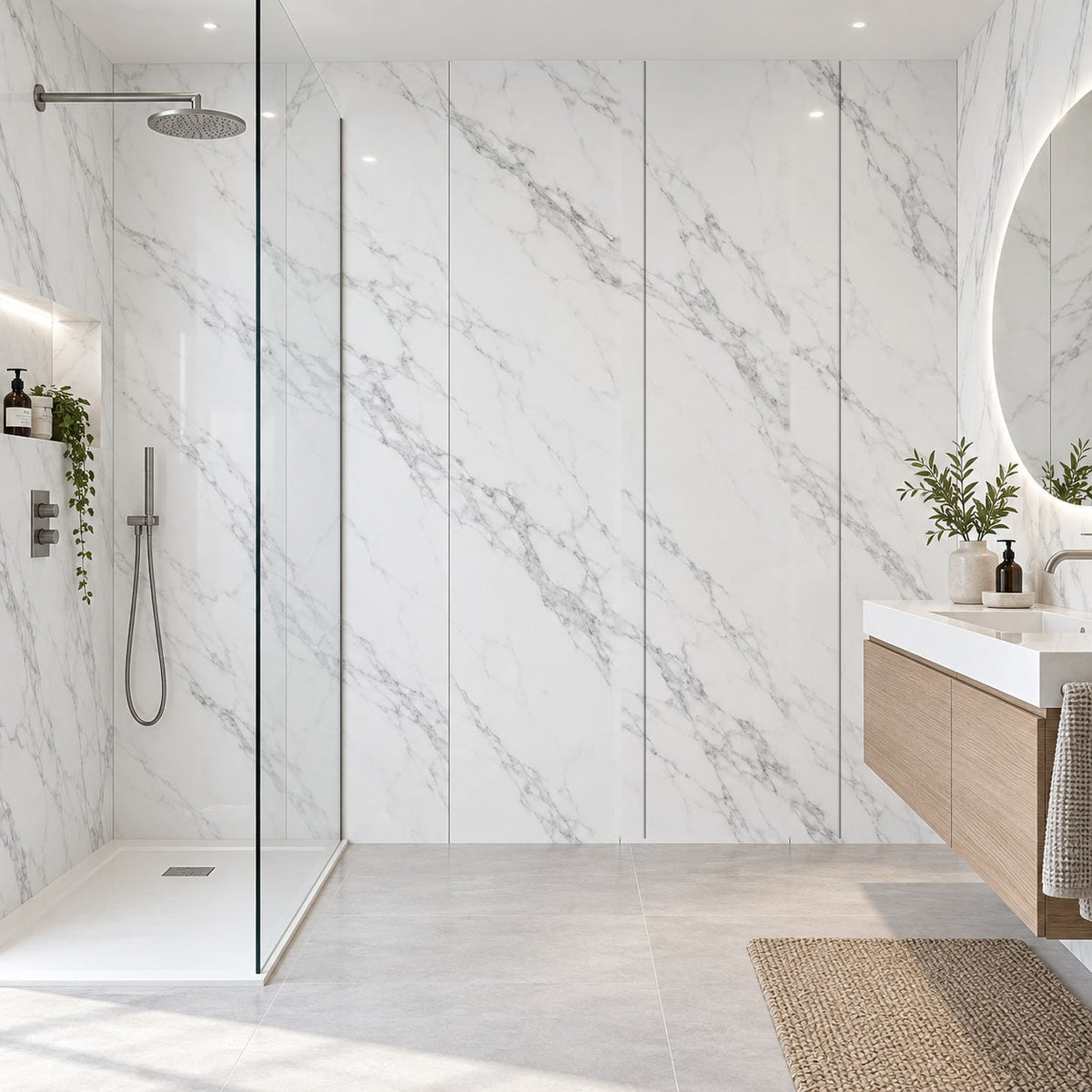 AWS 07A White Marble 7mm waterproof PVC bathroom wall panels in a modern shower room, 240 x 60cm panels