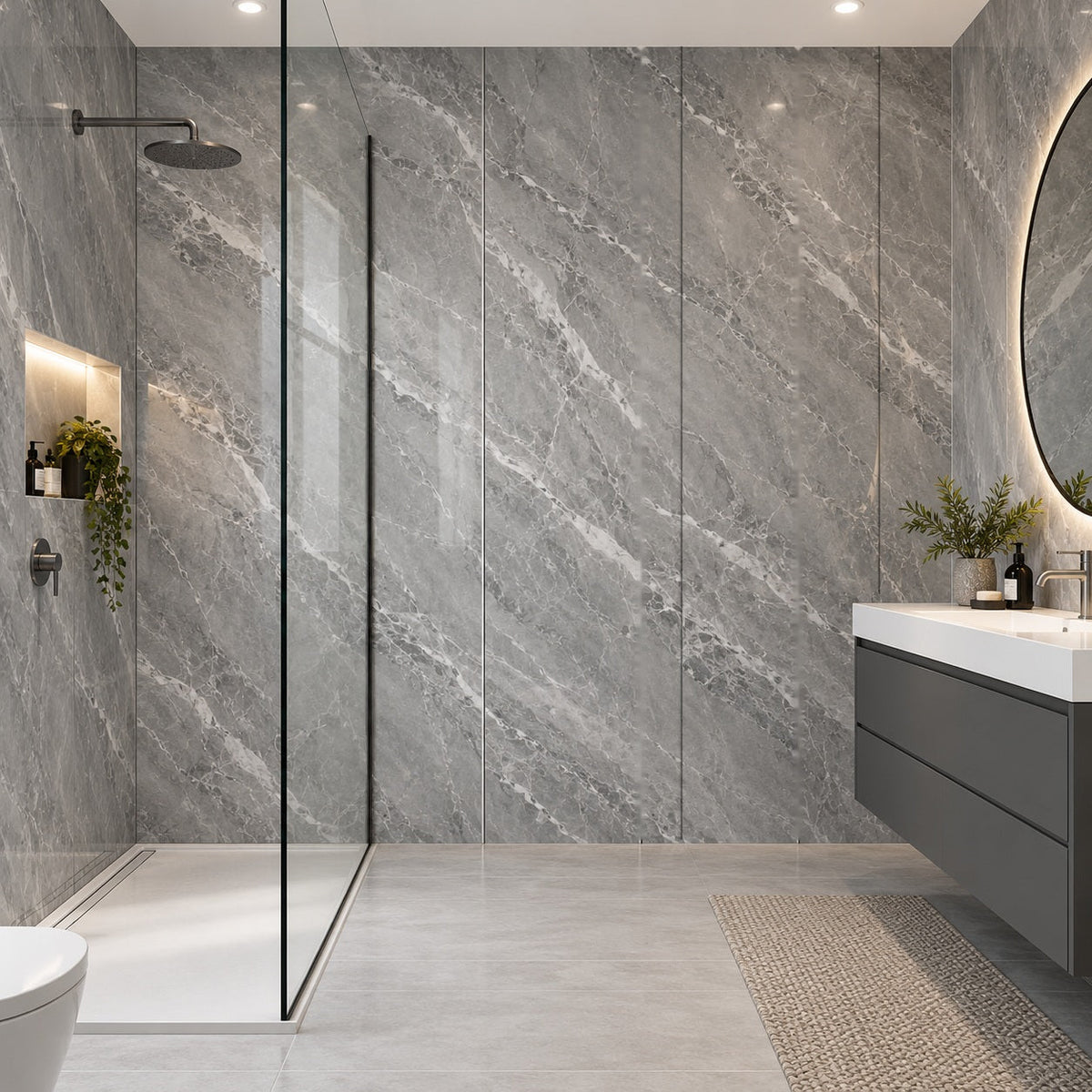 AWS 07B Grey Marble 7mm waterproof PVC bathroom wall panels in a modern shower room, 240 x 60cm panels