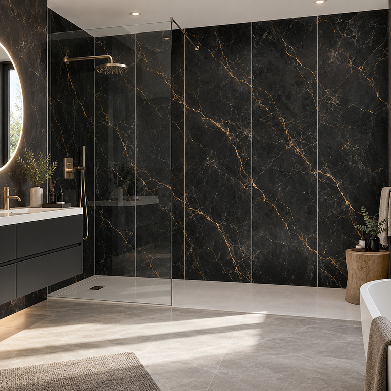 AWS 07C Gold and Black Marble 7mm waterproof PVC bathroom wall panels in a modern shower room, 240 x 60cm panels