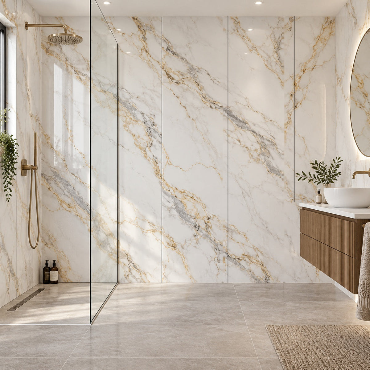 AWS 07D Gold and White Marble 7mm waterproof PVC bathroom wall panels in a modern shower room, 240 x 60cm panels