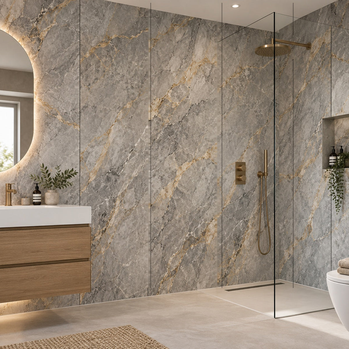 AWS 07F Gold and Grey Marble 7mm waterproof PVC bathroom wall panels in a modern shower room, 240 x 60cm panels