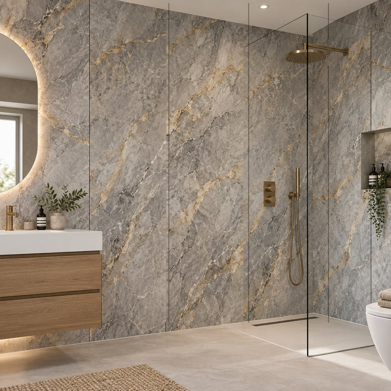 AWS 07F Gold and Grey Marble 7mm waterproof PVC bathroom wall panels in a modern shower room, 240 x 60cm panels