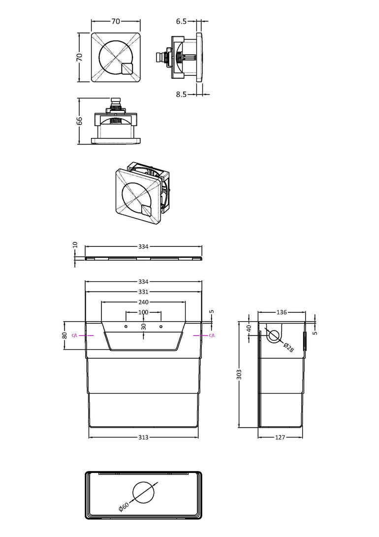 Concealed Cistern With Chrome Contemporary Dual Flush Plate - Technical dimensions