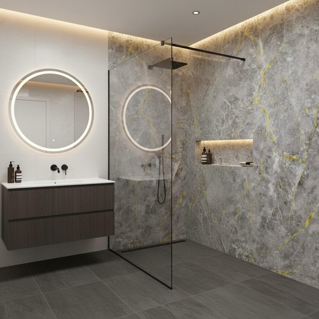 Grey and gold marble effect PVC bathroom wall panel