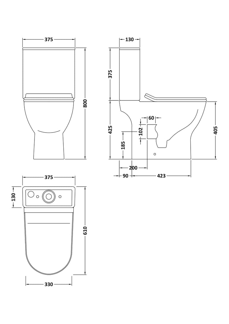 nuie Freya Close Coupled Toilet - Technical dimensions