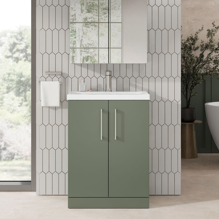 nuie Arno 600mm Satin Green 2 Door Floor Standing Vanity Unit - Lifestyle image
