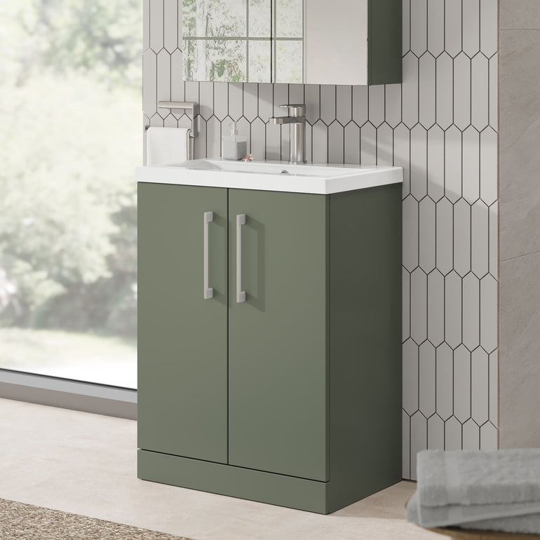 nuie Arno 600mm Satin Green 2 Door Floor Standing Vanity Unit - Lifestyle image