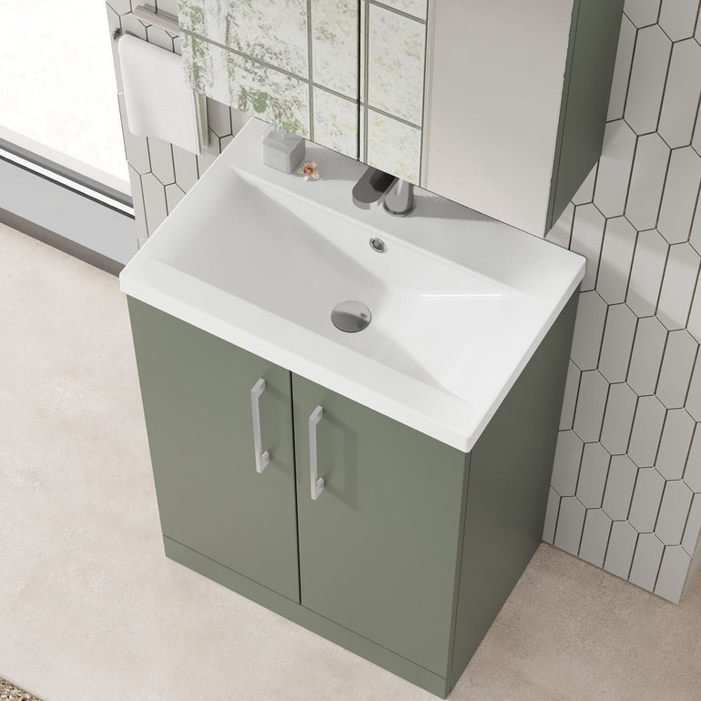 nuie Arno 600mm Satin Green 2 Door Floor Standing Vanity Unit - Lifestyle image