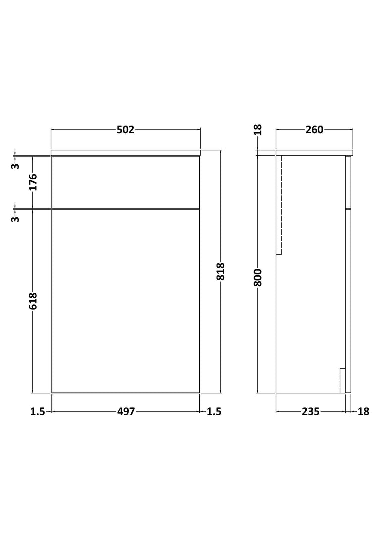 nuie Arno 500mm Satin Green Floor Standing Compact WC Unit - Technical dimensions