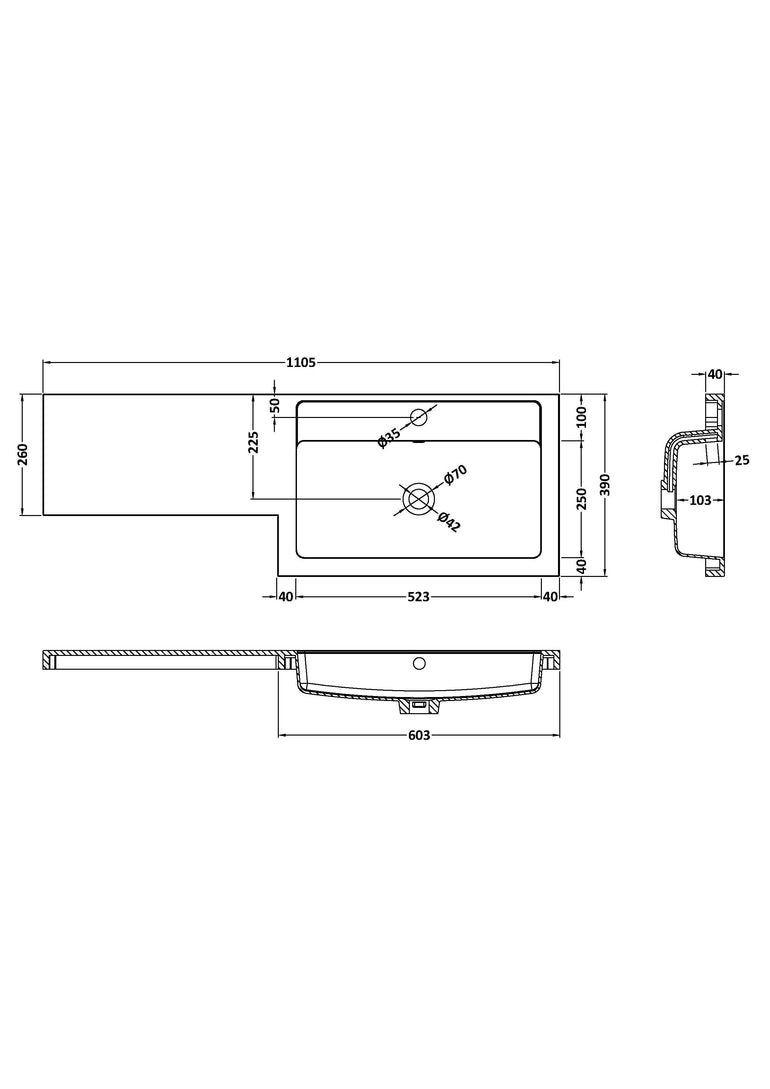 nuie 1100mm 1 Tap Hole Right Hand Polymarble L-Shaped Basin - Technical dimensions