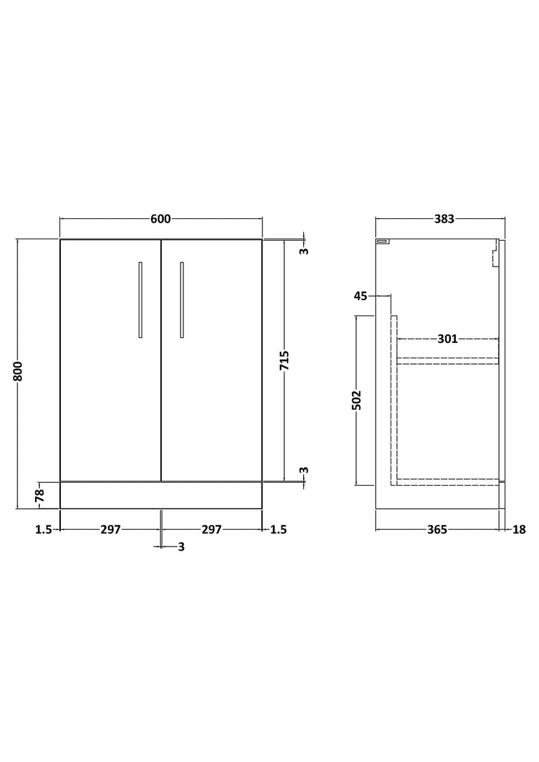 nuie Arno 600mm Midnight Blue 2 Door Floor Standing Vanity Unit - Technical dimensions