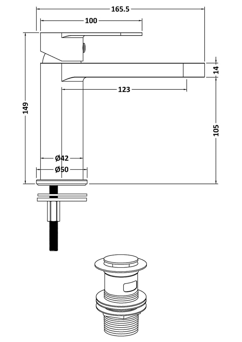 nuie choice Halstatt Chrome Mono Basin Mixer Push Button Waste - Technical dimensions