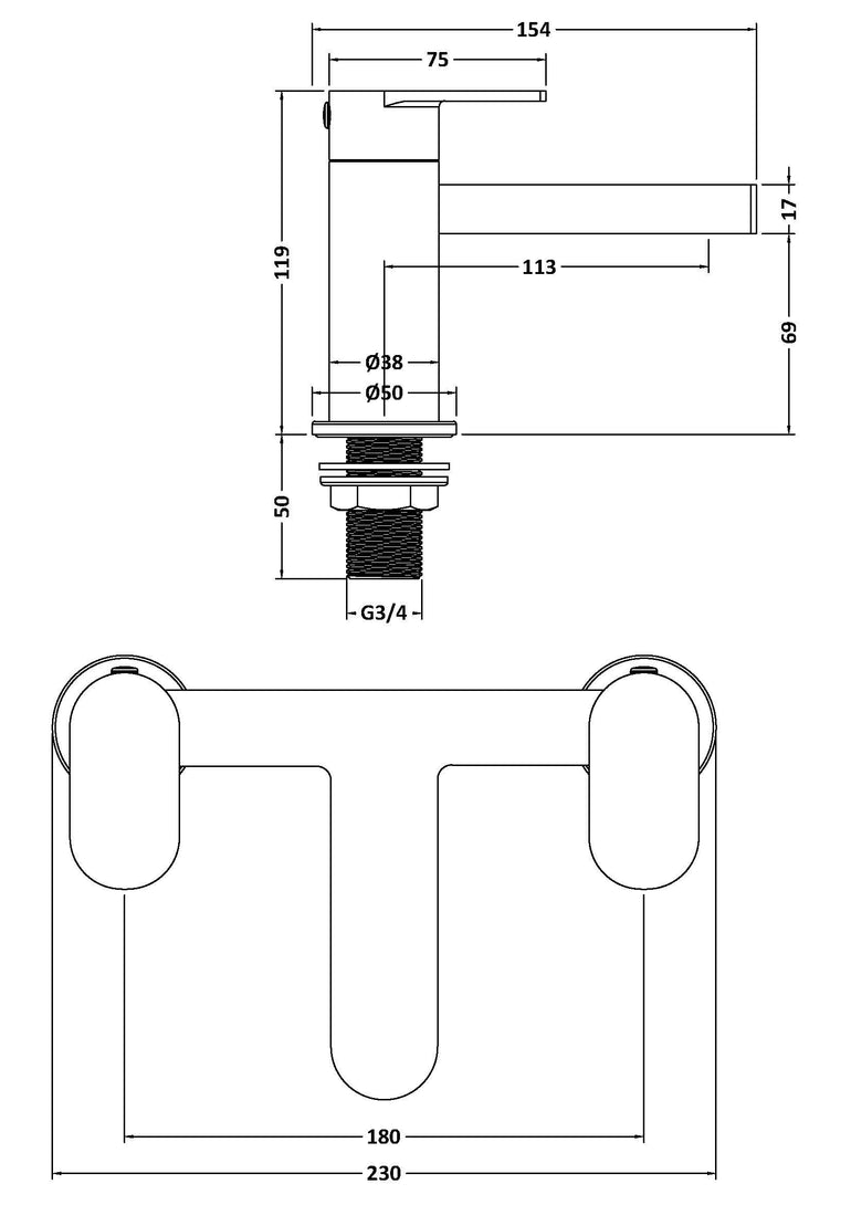 nuie choice Halstatt Chrome Bath Filler - Technical dimensions